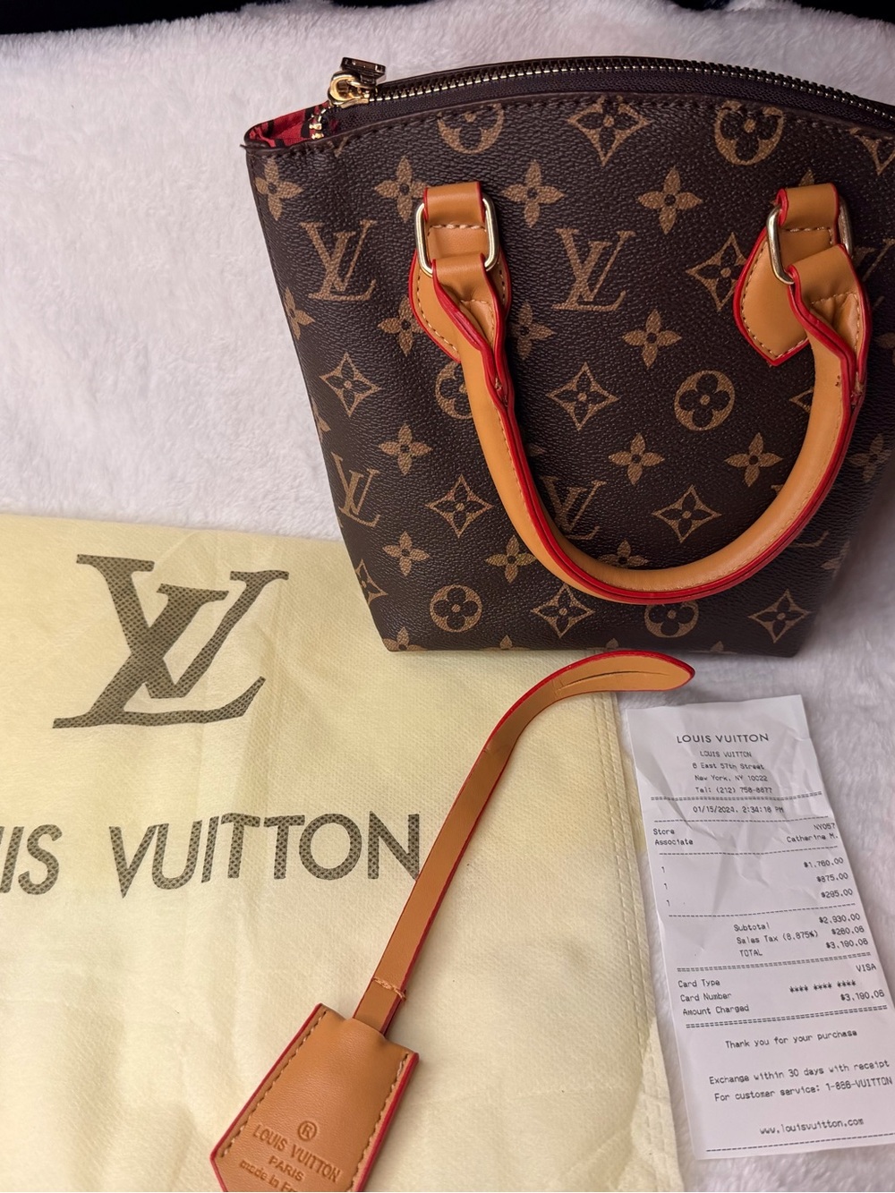 Brown Monogram Satchel with Red-Trim Tan Handles